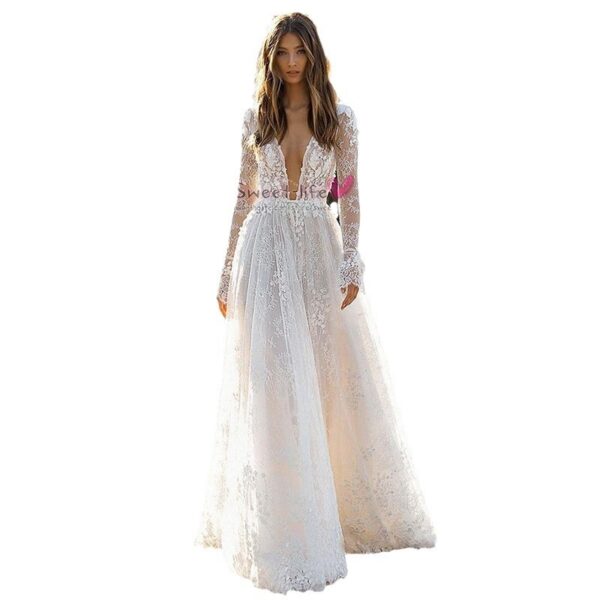 Women's Wedding Dress Lace Long Sleeve Dinner Party Gown - Image 3